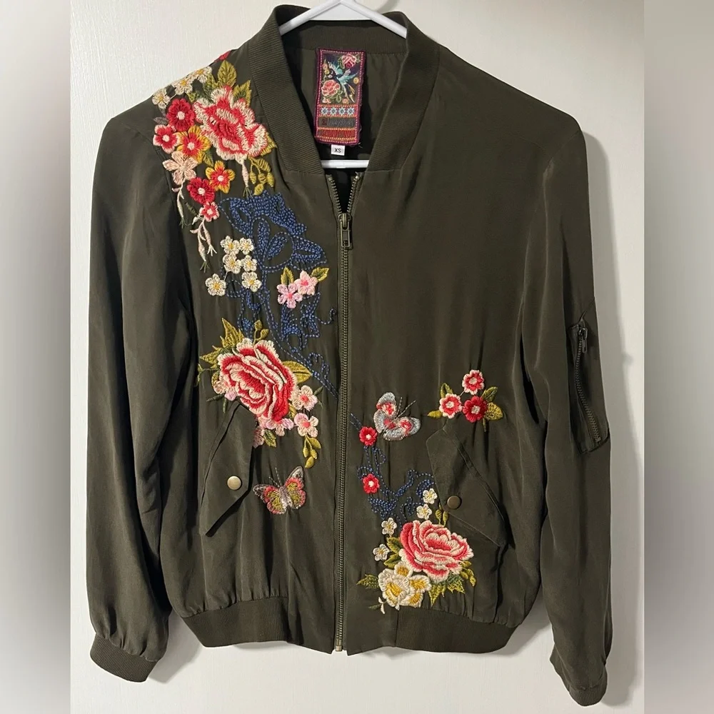 Johnny Was Embroidered Floral Olive Bomber Jacket - Picture 2 of 8